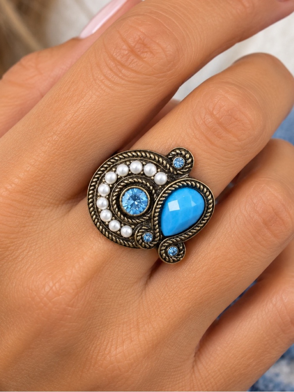 Vintage Blue & Pearl Statement Ring